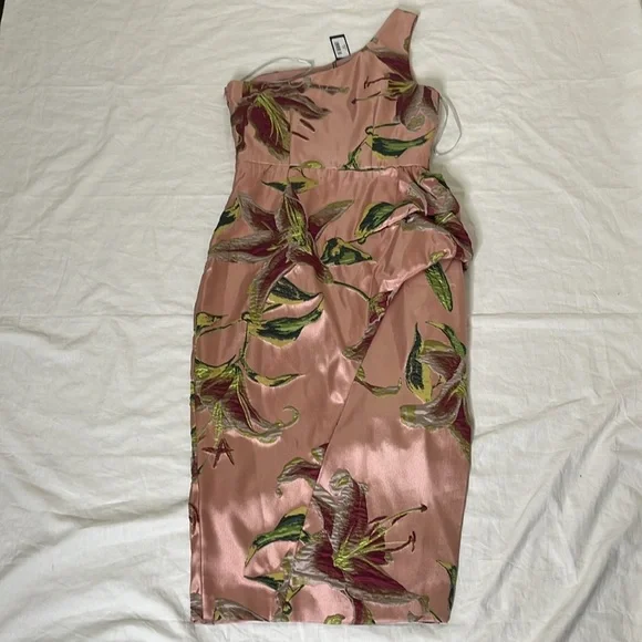 MARCHESA NOTTE One-shoulder Draped Floral-Jacquard Midi Dress in Blush sz 4 NWT - Picture 9 of 16